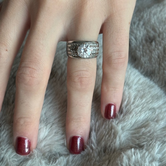 Sterling Silver CZ Ring Wide Dome Band 4 Rows Pave & Large Round Center Stone - Picture 4 of 7